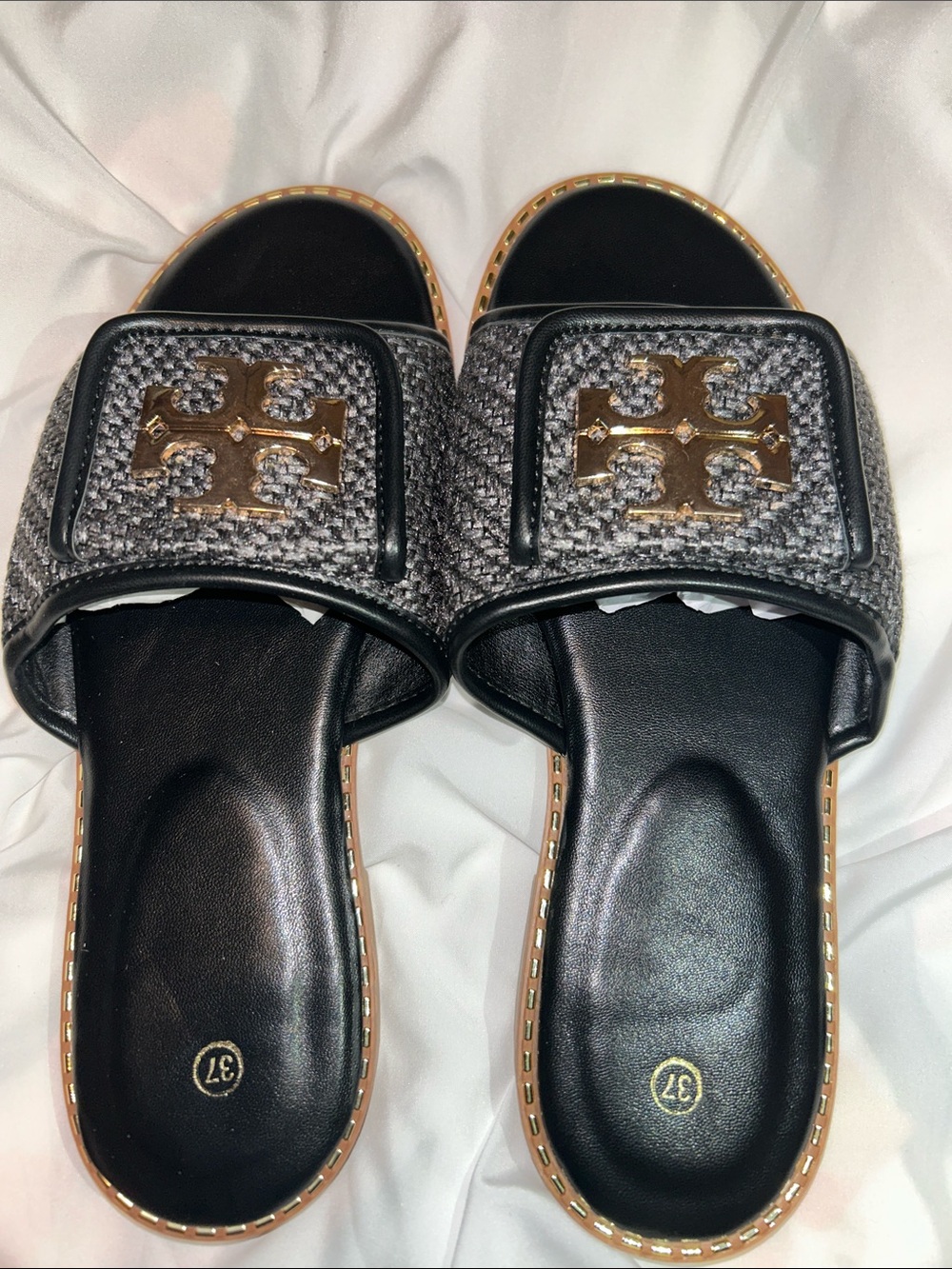 Women’s Black Tweed Slide Sandals with Gold Emblem